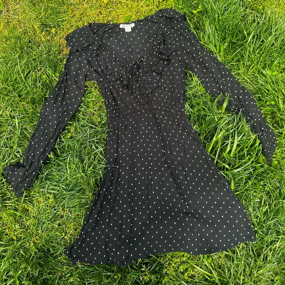 Billabong Take Away Long Sleeve Mini Dress Black w/ Polka Dots Plunge Size XS